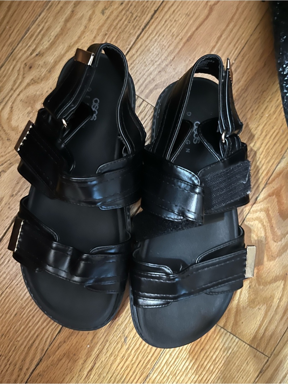 ASOS Black Chunky Velcro Strap Sandals with Metallic Accents